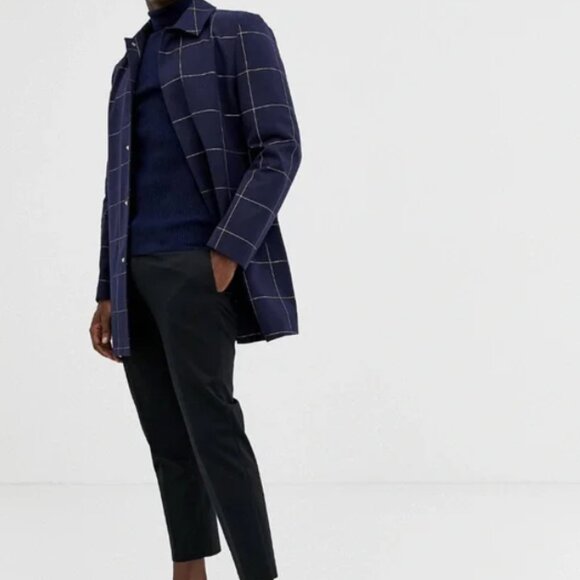 ASOS DESIGN Dark Blue Window Pane Grid Single Breasted Trench Coat S/M - Picture 1 of 7